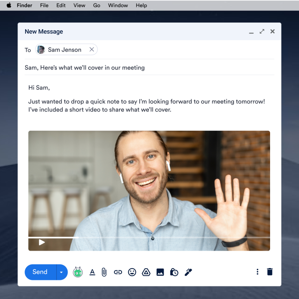 A rep sends a prospect named Sam a video email previewing what they'll cover in their upcoming meeting.