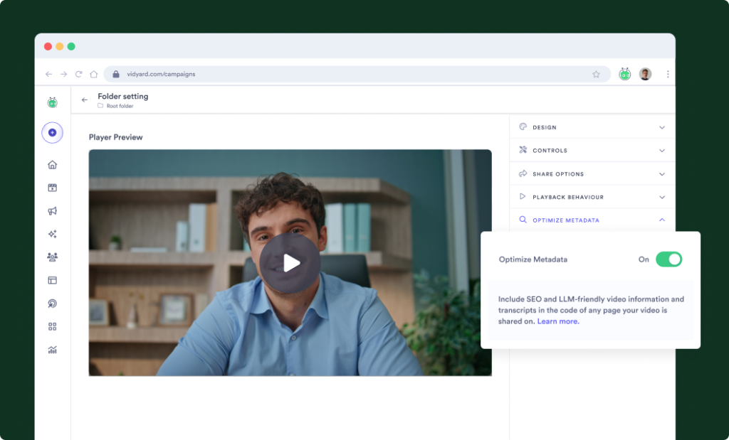Screenshot of Vidyard's optimize metadata settings, showing the toggle turned on to include SEO and LLM-friendly video information and transcripts automatically.