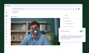 Screenshot of Vidyard's optimize metadata settings, showing the toggle turned on to include SEO and LLM-friendly video information and transcripts automatically.