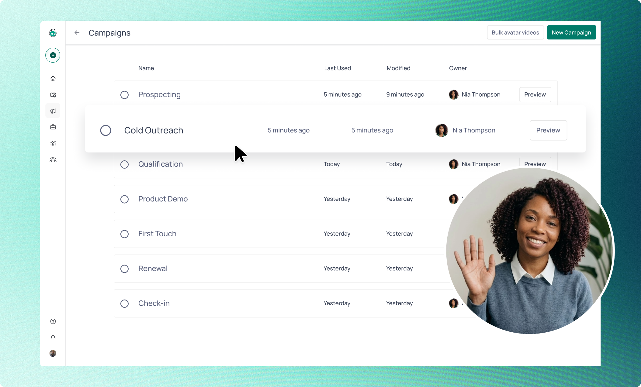 Titan dashboard showing a campaign list with a circular video overlay of a smiling woman waving.