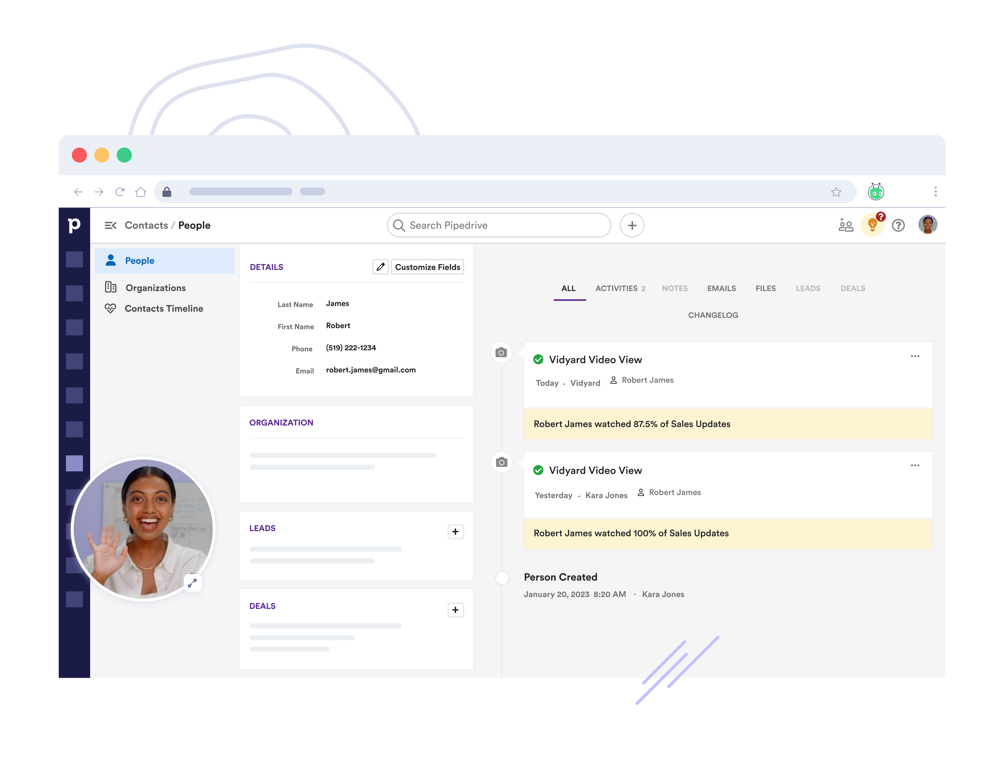 A screenshot of the Pipedrive interface with a Vidyard Camera+Bubble overlay featuring a smiling salesperson.