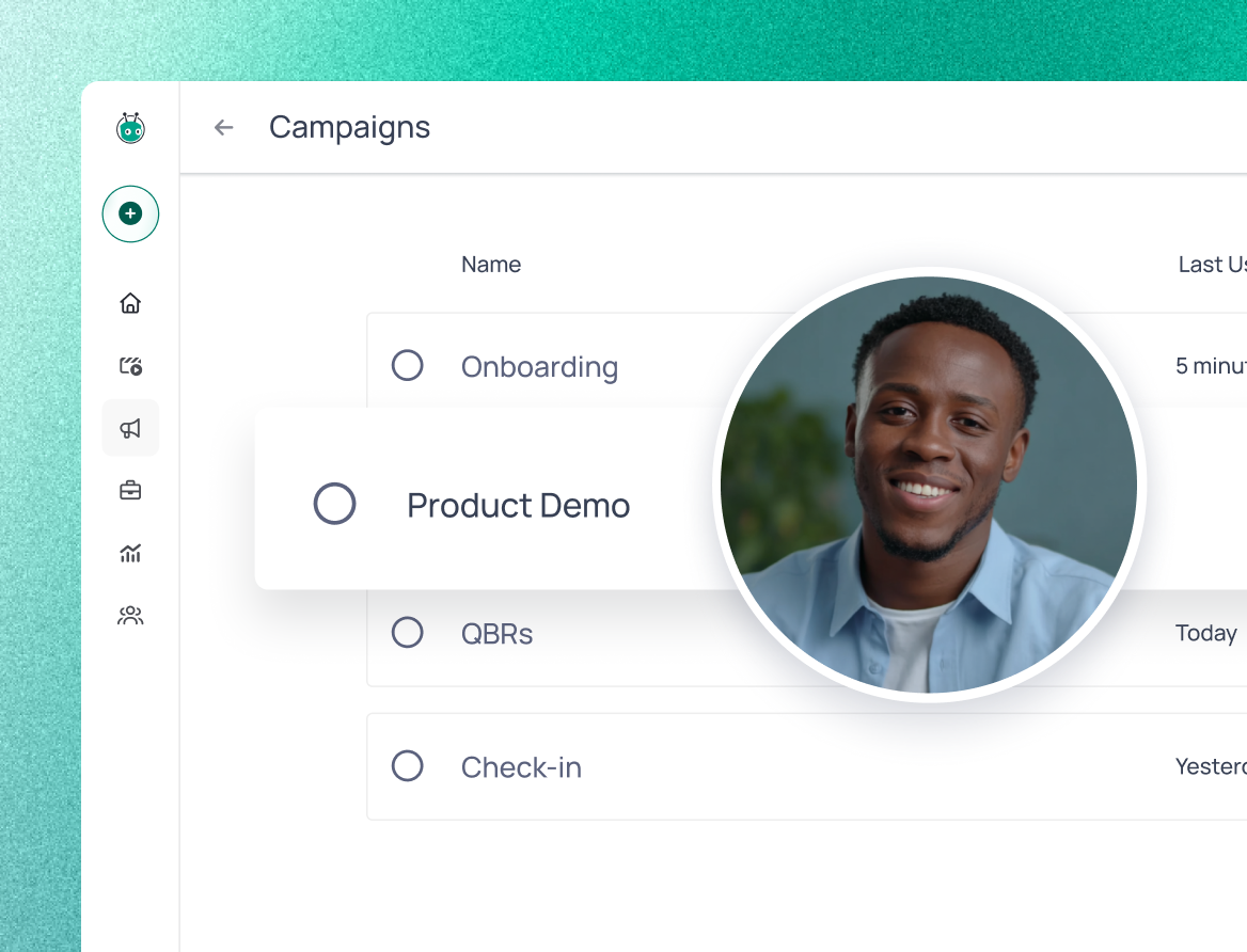Titan campaigns dashboard with a circular video avatar overlay of a smiling man highlighting a "Product Demo" campaign item.