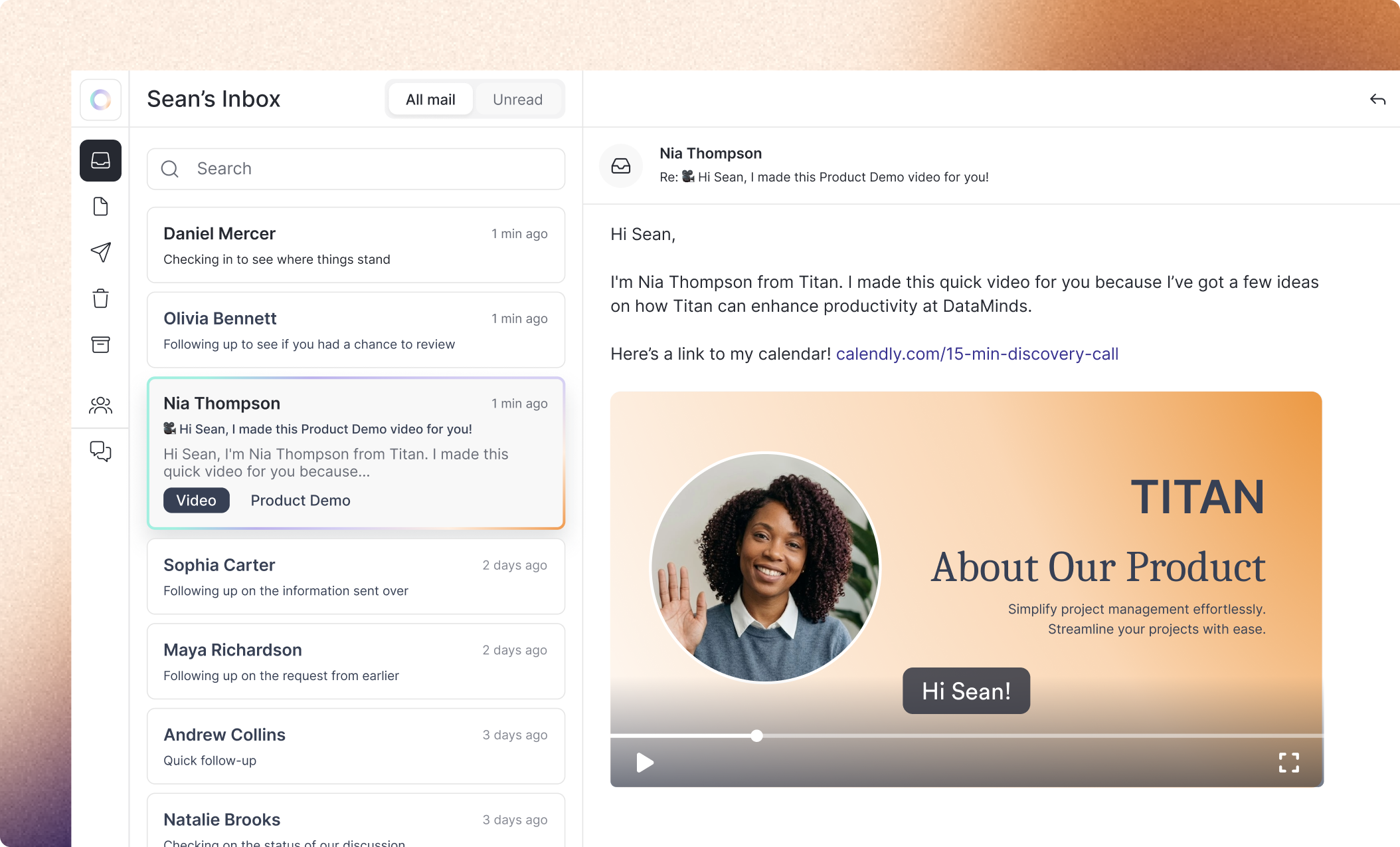 Email inbox showing a personalized Titan product demo video message from Nia Thompson.