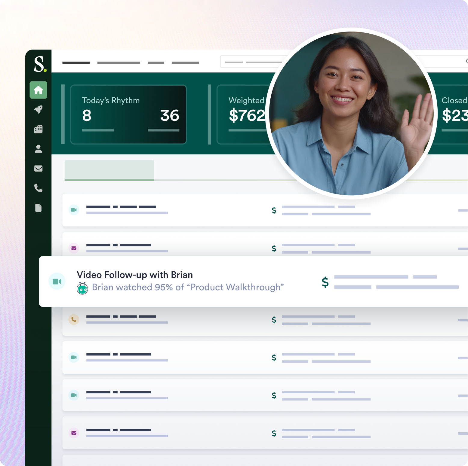 Salesloft platform dashboard with a circular video avatar overlay of a smiling woman waving.