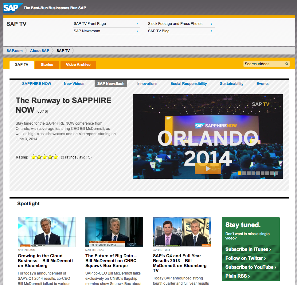 SAP uses video prominently on a dedicated section of their website with SAP TV