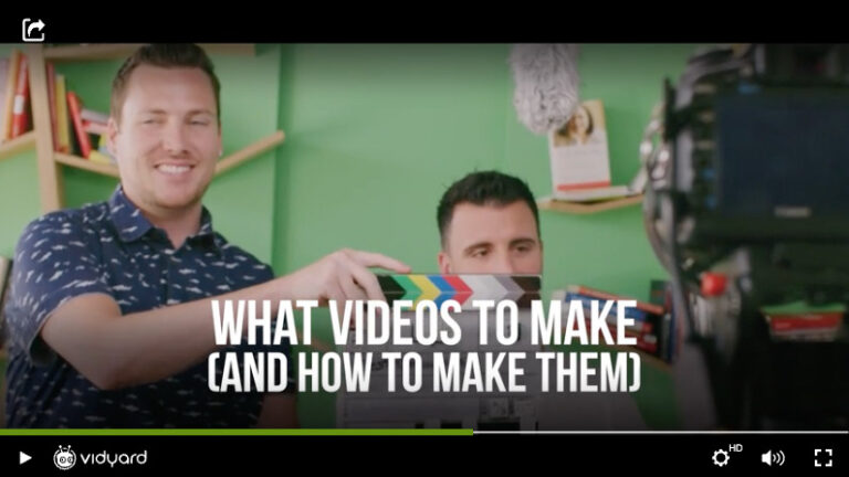 A screenshot of a Vidyard video featuring a video production stage including camera equipment and actors with a video caption that reads "What videos to make and how to make them"