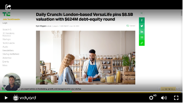 A screenshot of a Vidyard video with a background of a recent news article