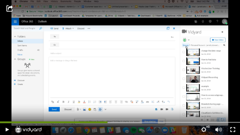 A screenshot of a Vidyard video showing a screenshare of Vidyard's Microsoft Outlook integration feature for technical support resolution