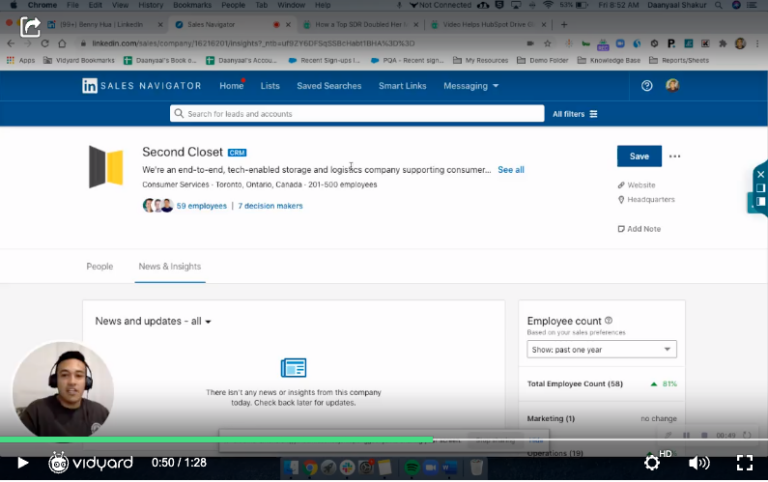 A screenshot of a Vidyard screenshare video highlight LinkedIn Sales Navigator in the video background