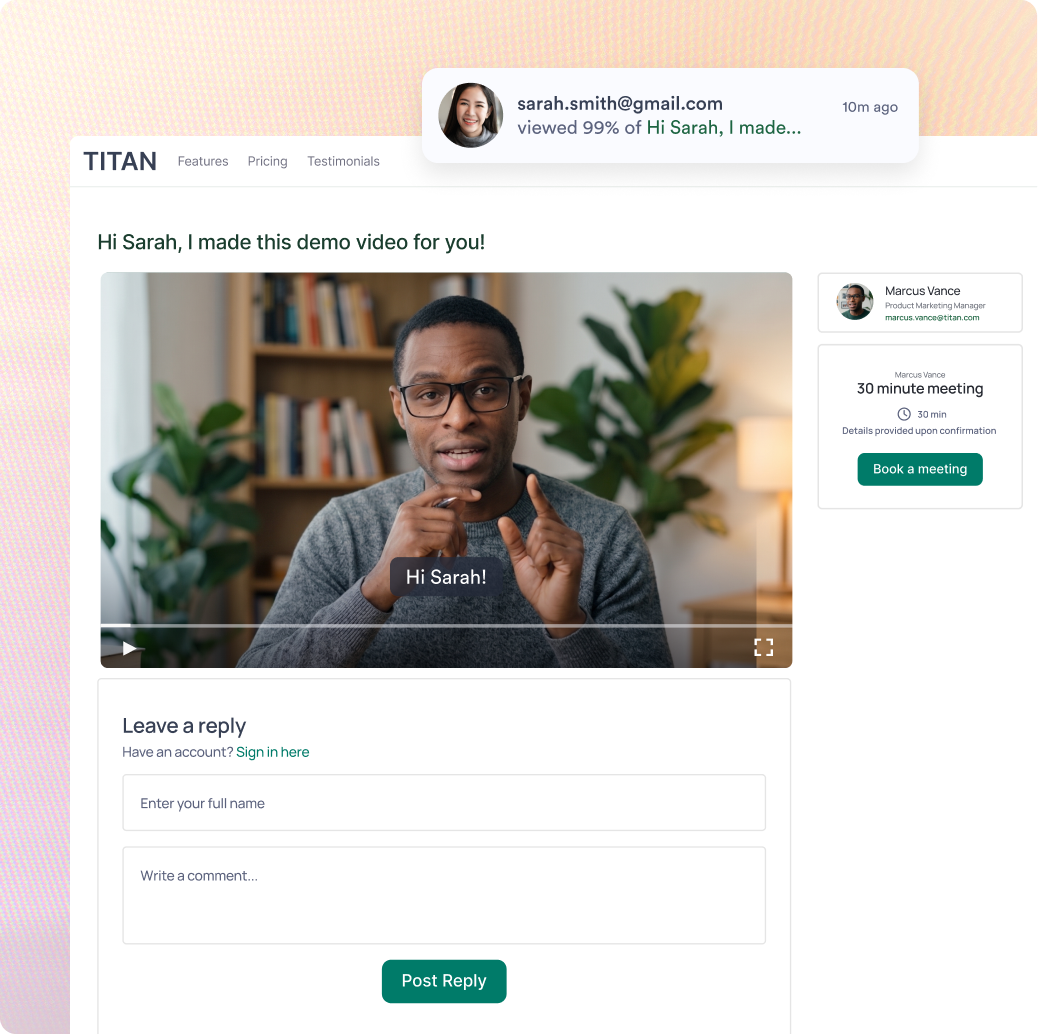 Titan video landing page with a demo video player, reply form, and a meeting scheduler widget.