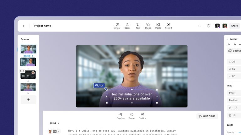 Woman recording a video within Synthesia