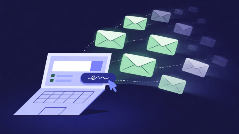 Illustration of a laptop sending multiple email messages, with green envelopes flying outward from a send button, representing email outreach or automated campaigns.