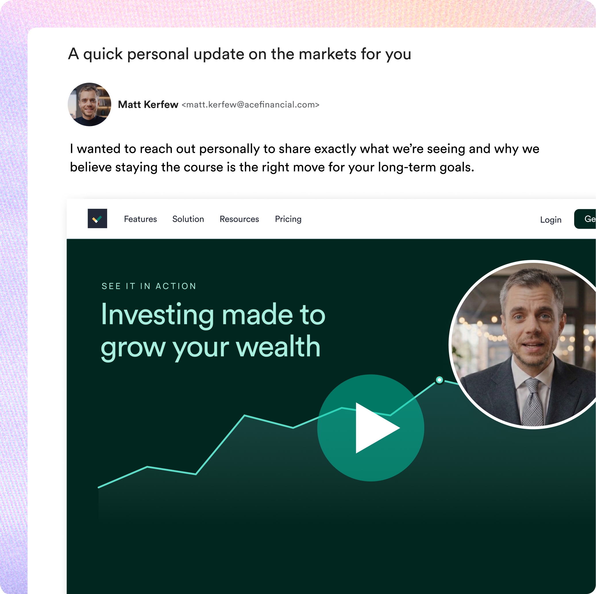 Email message containing an embedded video player titled "Investing made to grow your wealth."