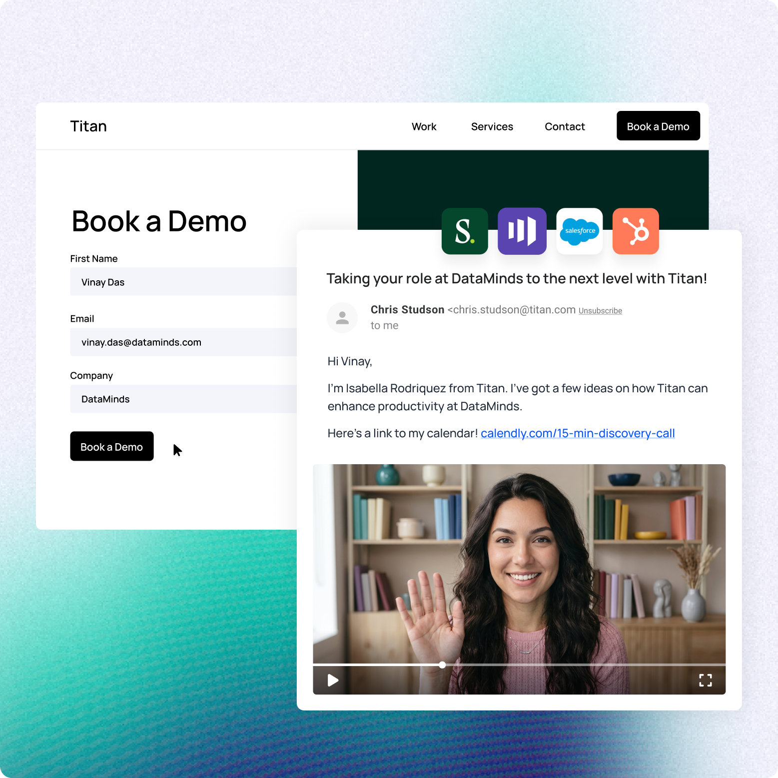 Email with an embedded video message overlaid on a webpage demo request form.