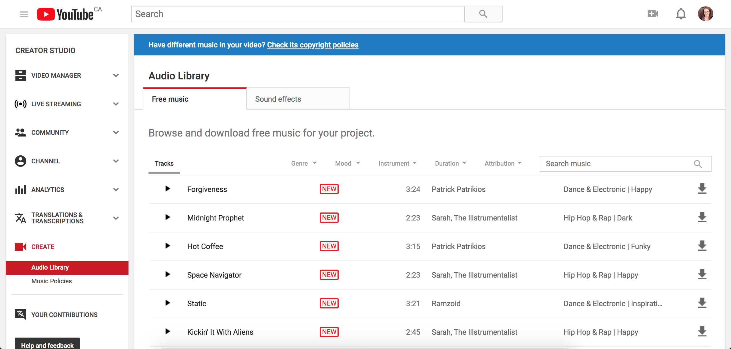 screenshot of YouTube Audio Library