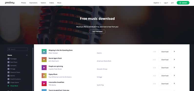 A screenshot of Pixabay Music homepage which offers background music for videos.