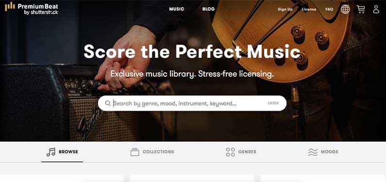 A screenshot of Premium Beat homepage which offers background music for videos.