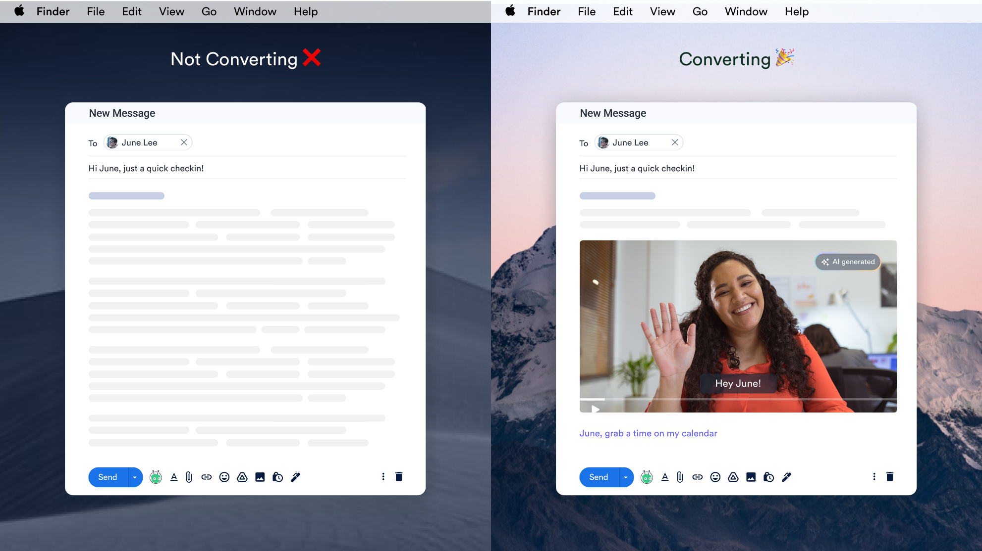 Side-by-side comparison of a generic email follow-up versus a personalized video follow-up