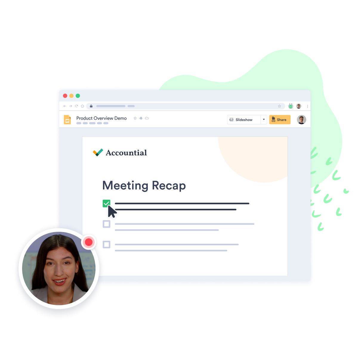 A stylized version of a Vidyard Screen + Camera example showing a Vidyard video bubble overlayed on top of a slide deck