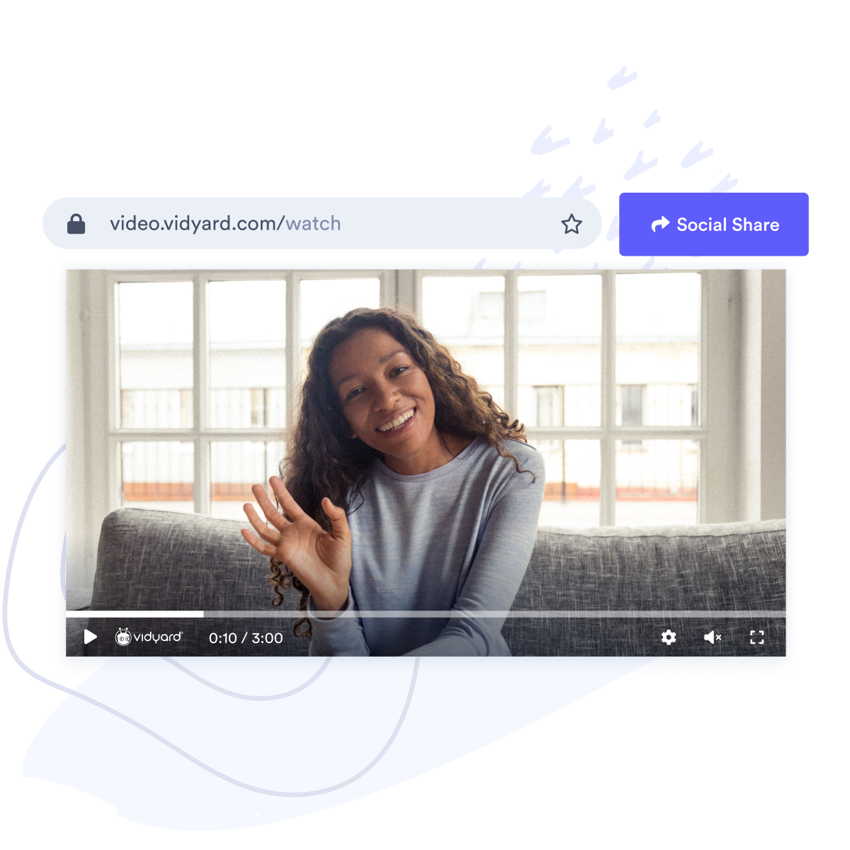 An example of a Vidyard selfie video featuring a young sales rep smiling and waving at the camera