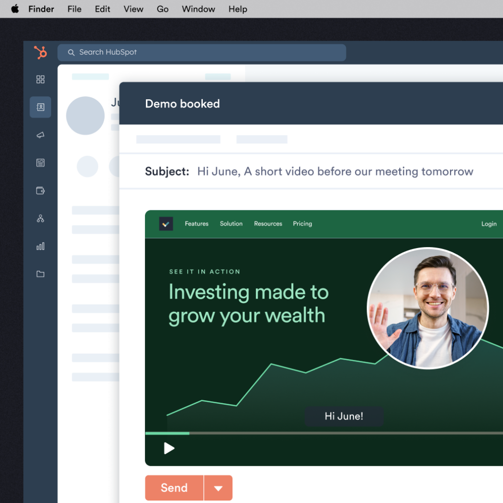 A HubSpot interface showing a "Demo booked" pop-up window. The draft email is addressed to June with the subject "Hi June, A short video before our meeting tomorrow." The email body contains a video thumbnail featuring a man waving in front of a green background that says "Investing made to grow your wealth" and a caption that reads "Hi June!".