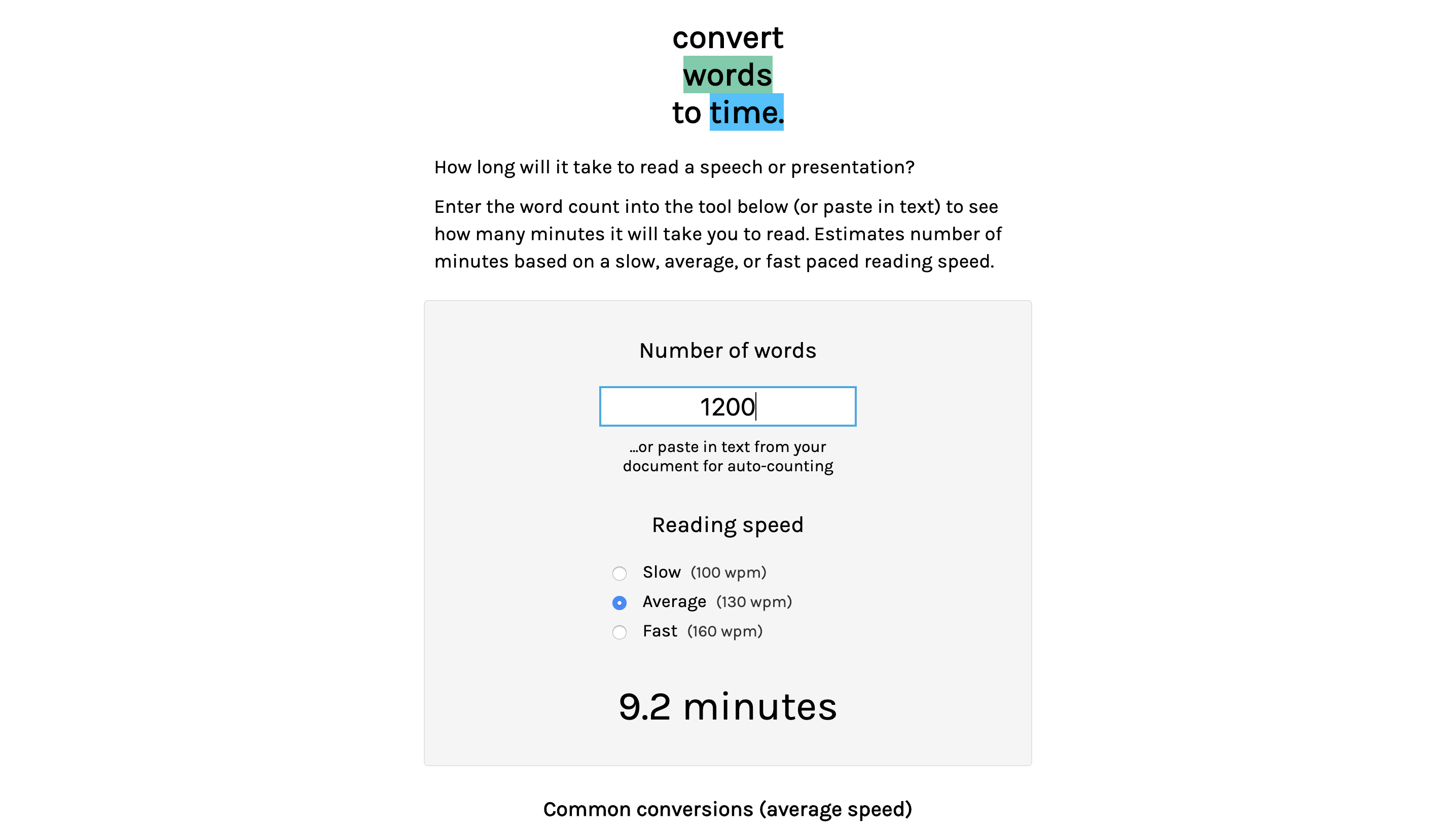 Screenshot of Words to Time, a tool to calculate read time for text