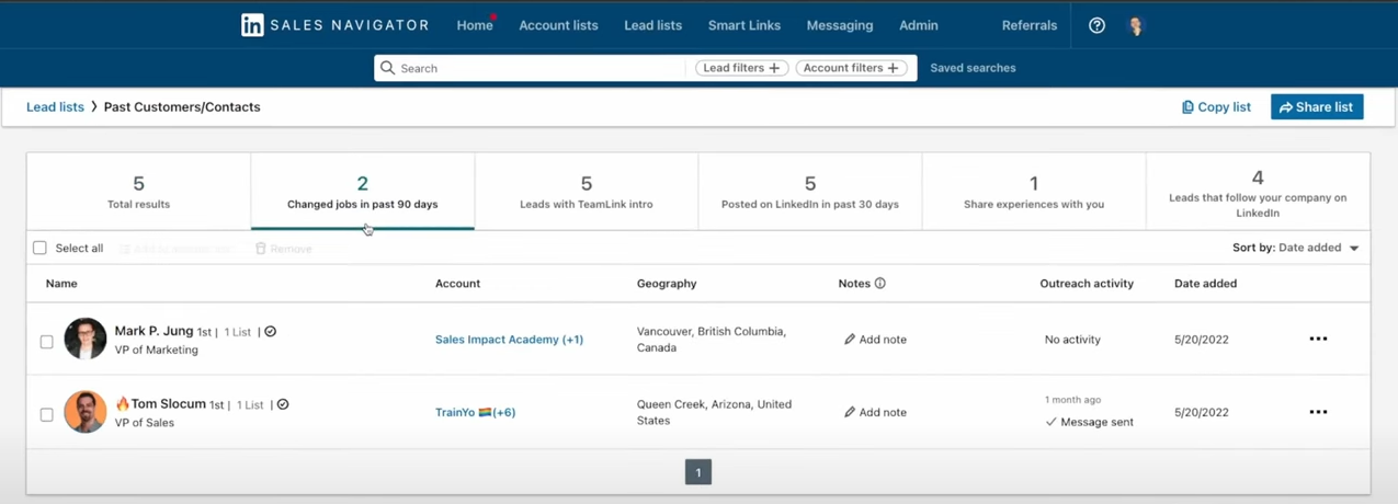 Screen shot showing how to use a LinkedIn Sales Navigator lead list.