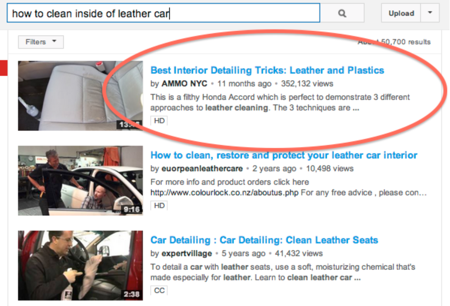 screenshot of how to video results for how to clean the inside of a leather car