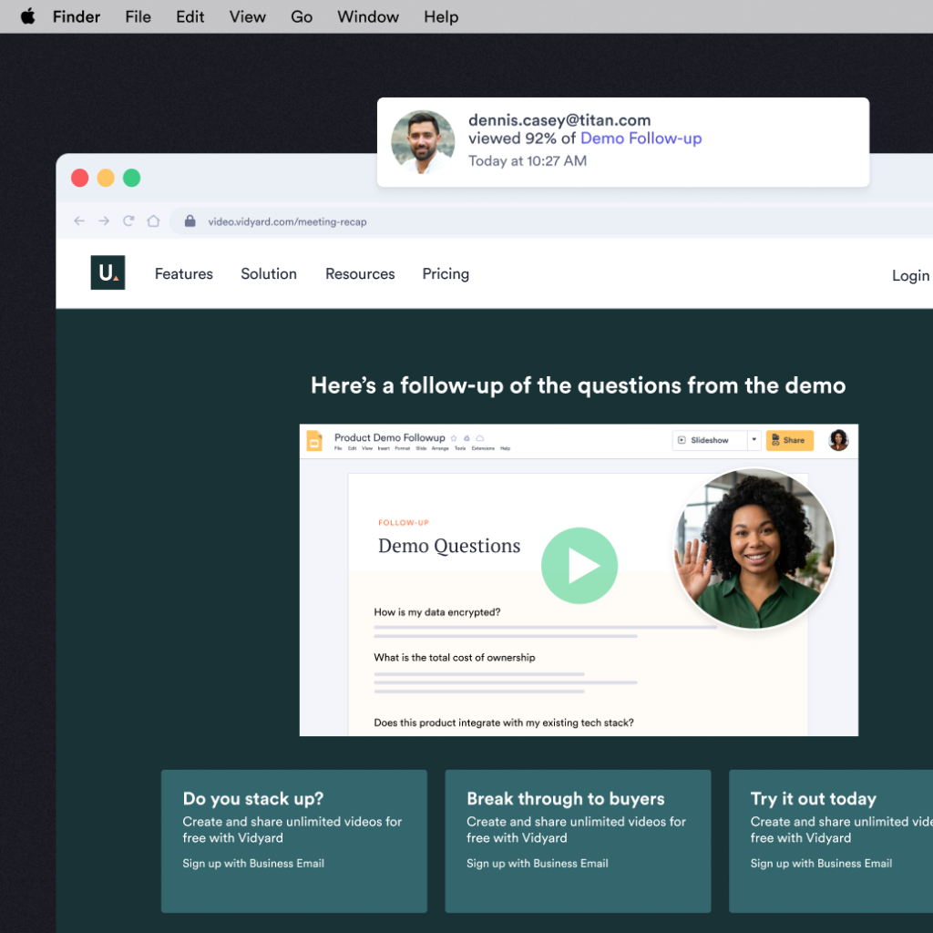A screenshot of a video landing page titled "Here’s a follow-up of the questions from the demo." The main video thumbnail shows a woman waving next to a slide that lists questions like "How is my data encrypted?" and "What is the total cost of ownership?". A notification overlay at the top indicates that a recipient, Dennis Casey, has viewed 92% of the video.