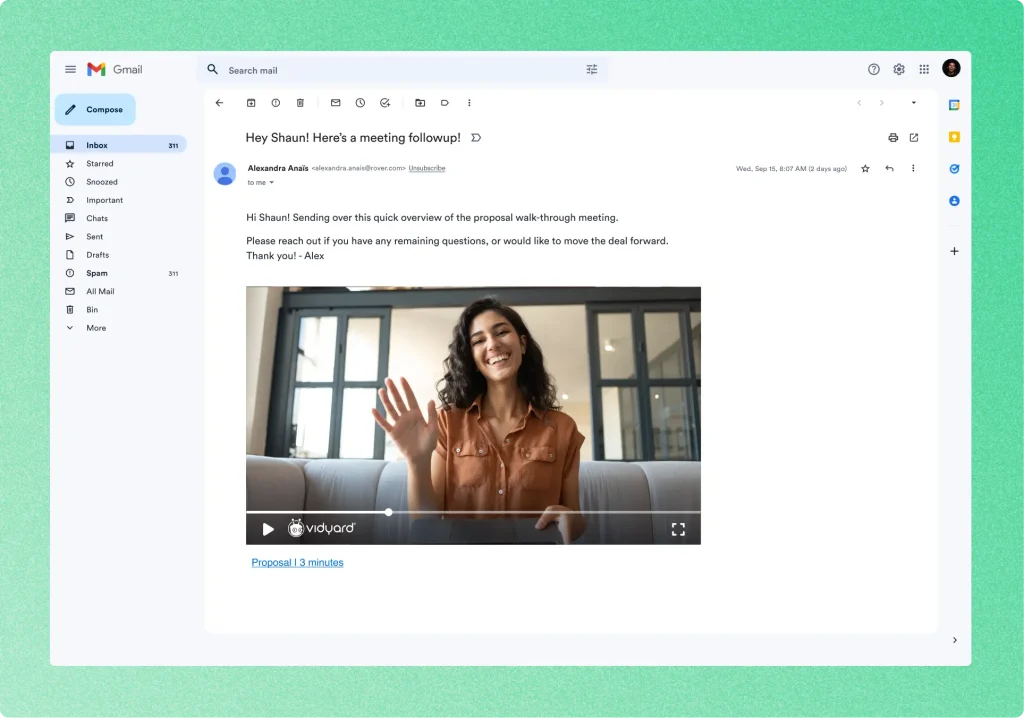 Vidyard Video Messages A screenshot of an email featuring an embedded video.