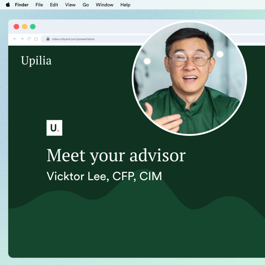 A web browser window displaying a welcome page for a service called Upilia. The headline reads "Meet your advisor, Vicktor Lee, CFP, CIM." A circular inset photo shows Vicktor Lee, a man with glasses and a green shirt, smiling and gesturing as if speaking. The background features a dark green aesthetic with a stylized mountain silhouette.