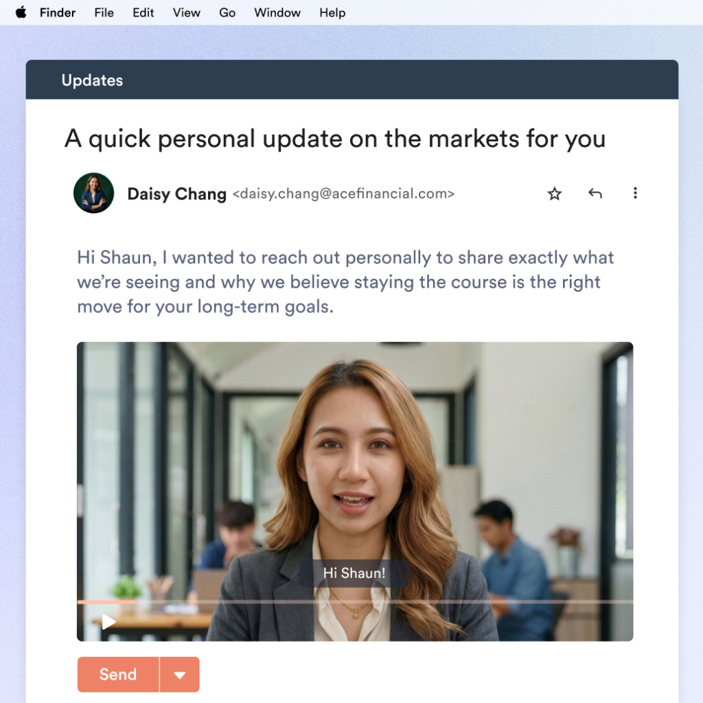 An email interface showing a message from Daisy Chang, a financial advisor. The subject is "A quick personal update on the markets for you." The email includes a video thumbnail of Daisy speaking in an office setting with the caption "Hi Shaun!" appearing over the video. A large "Send" button is visible at the bottom.