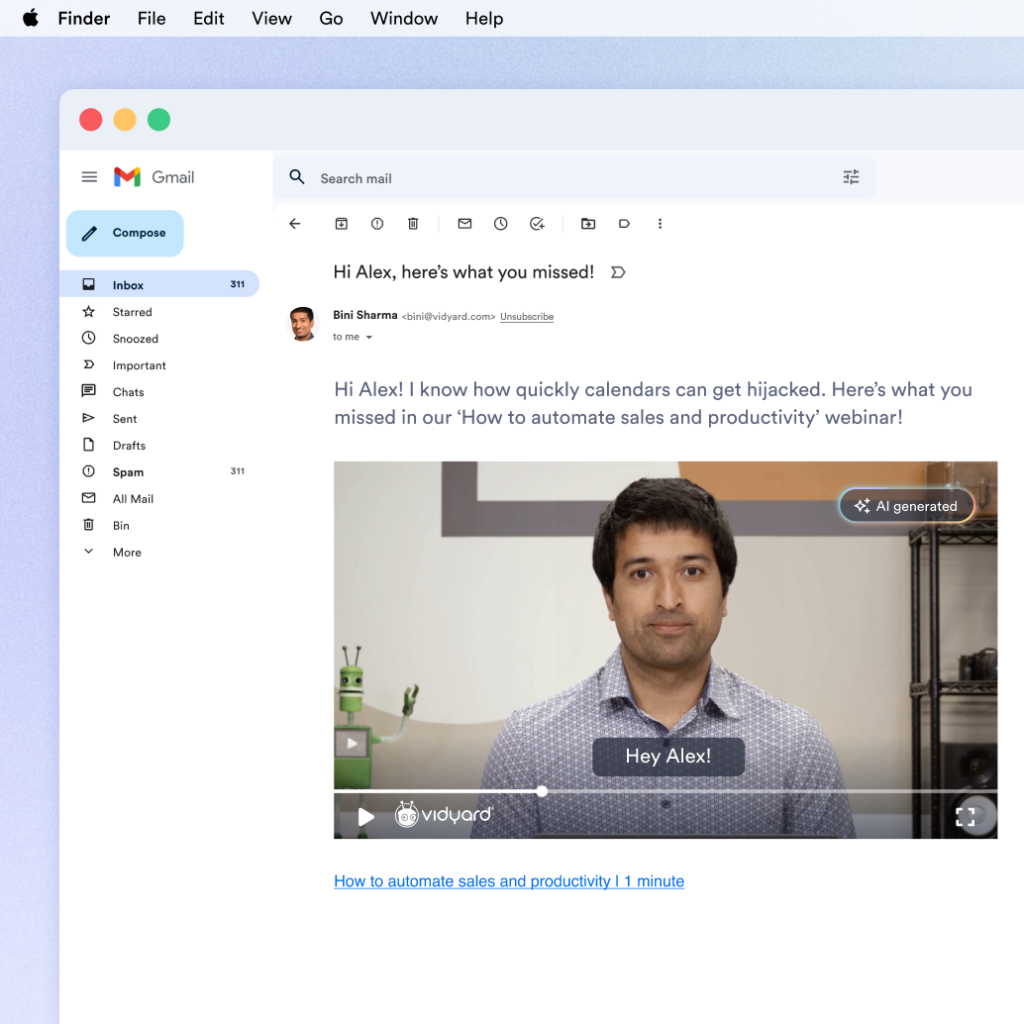 A no-show receives a personalized video email with a recap of the webinar.