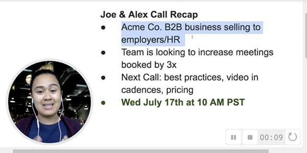 Thumbnail example of a sales prospecting video meeting recap.