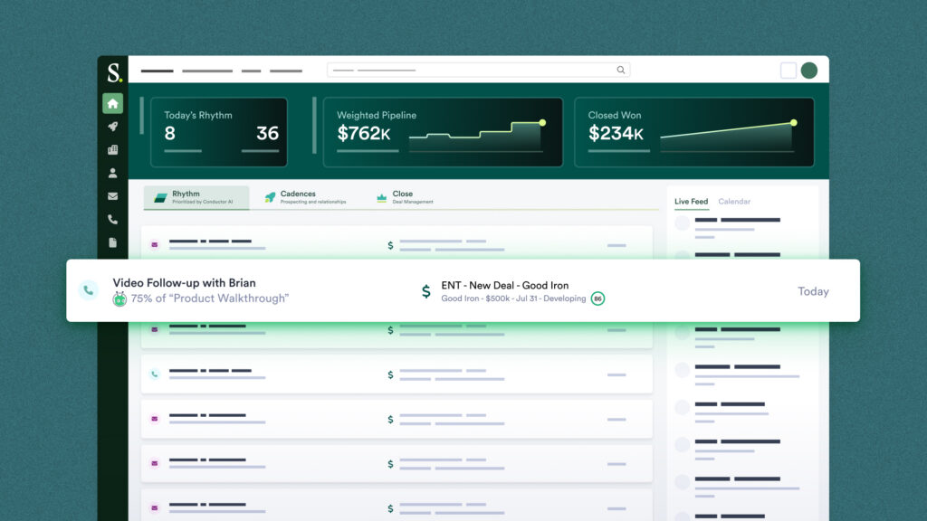 Salesloft dashboard showing pipeline metrics alongside a prioritized task notification for a video follow-up.