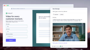 A form landing page alongside a window with a personalized, AI-generated video message addressed to the prospect.