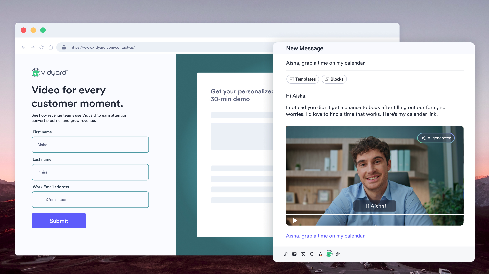 A form landing page alongside a window with a personalized, AI-generated video message addressed to the prospect.