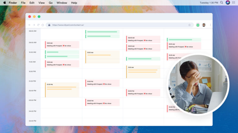 A week-long calendar filled with no show events, with a frustrated rep in the foreground.