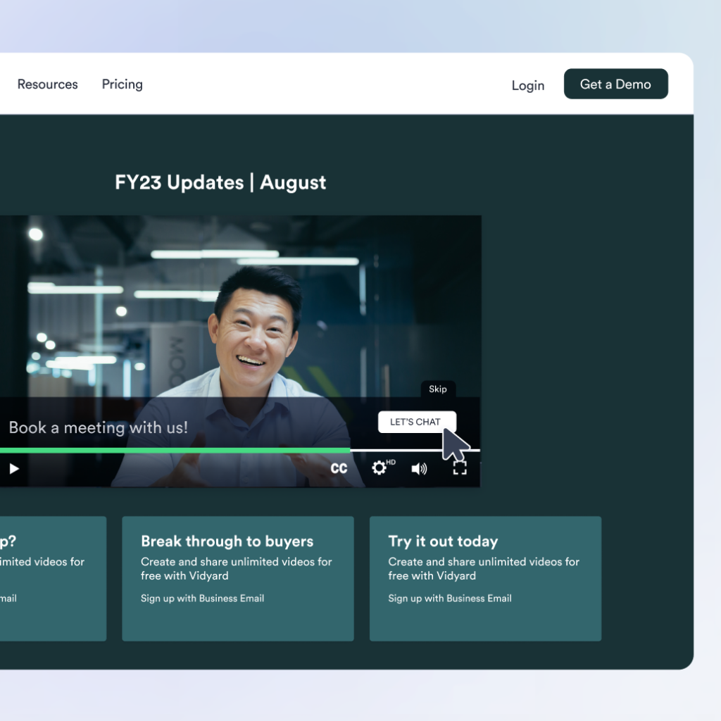 Example of an embedded Vidyard video with a 'Let's Chat' CTA.