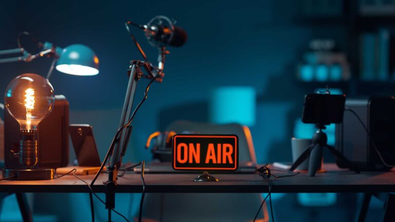An on air sign lit up on a desk.