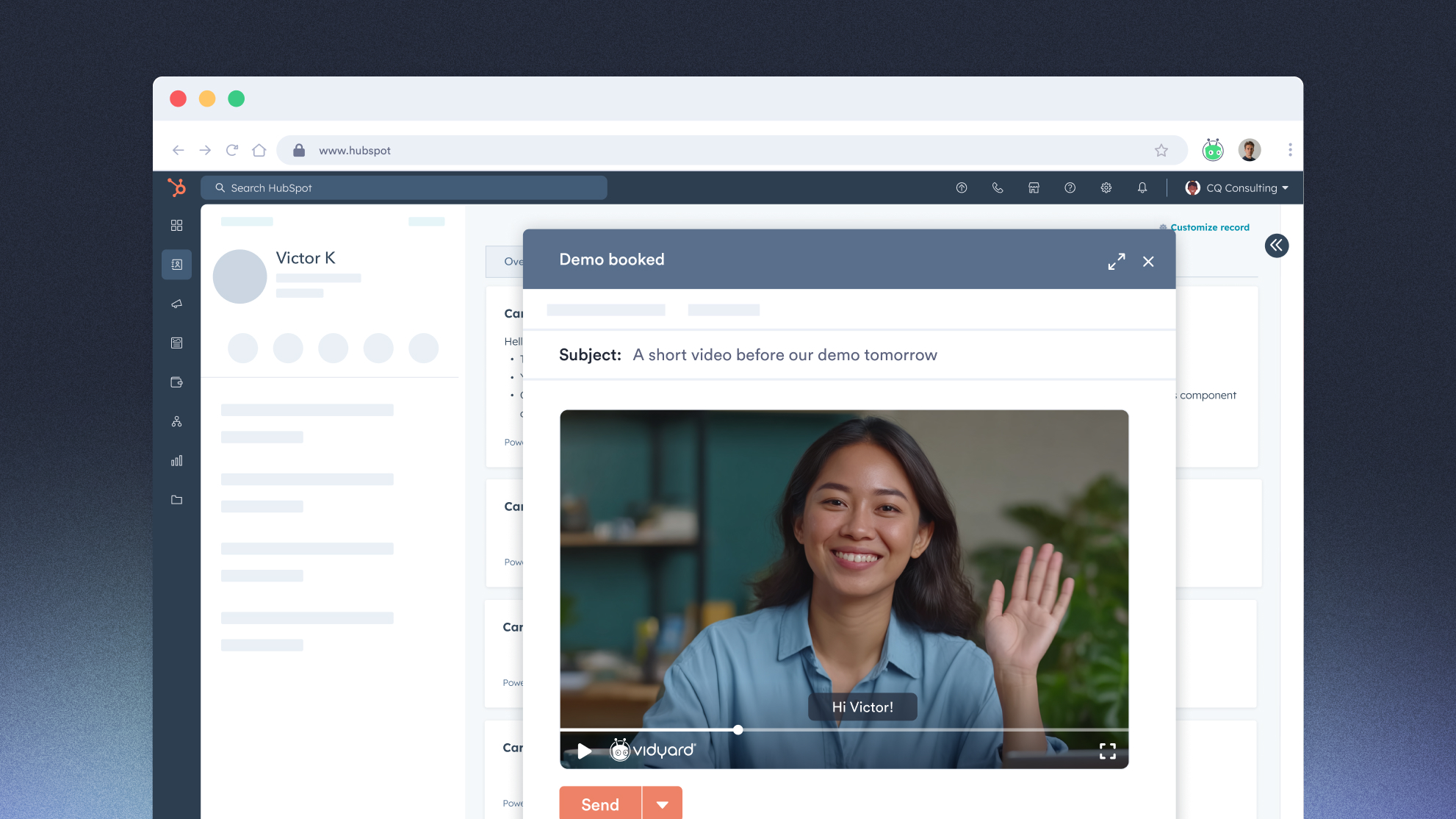 A Vidyard personalized video composed inside HubSpot