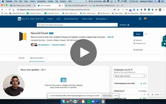 A screenshot of a sales video. The video shows a prospect's LinkedIn page. The sales rep's face is shown in a bubble in a corner of the screen.