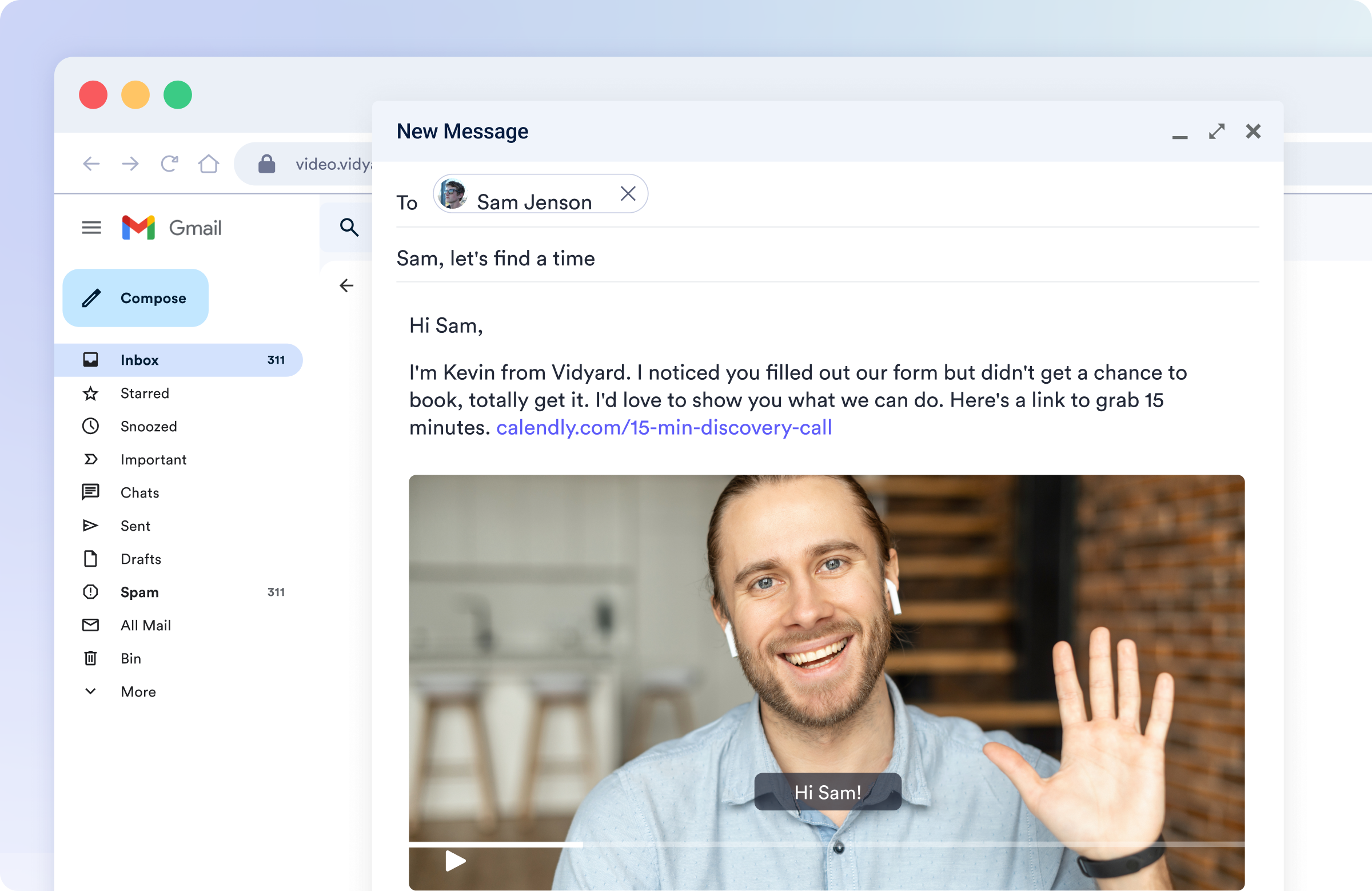 A Gmail compose window showing a personalized sales email to Sam Jenson, containing a meeting link and an embedded video of a man waving.