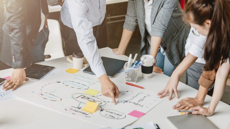 a marketing team plans a video marketing strategy using post-it notes