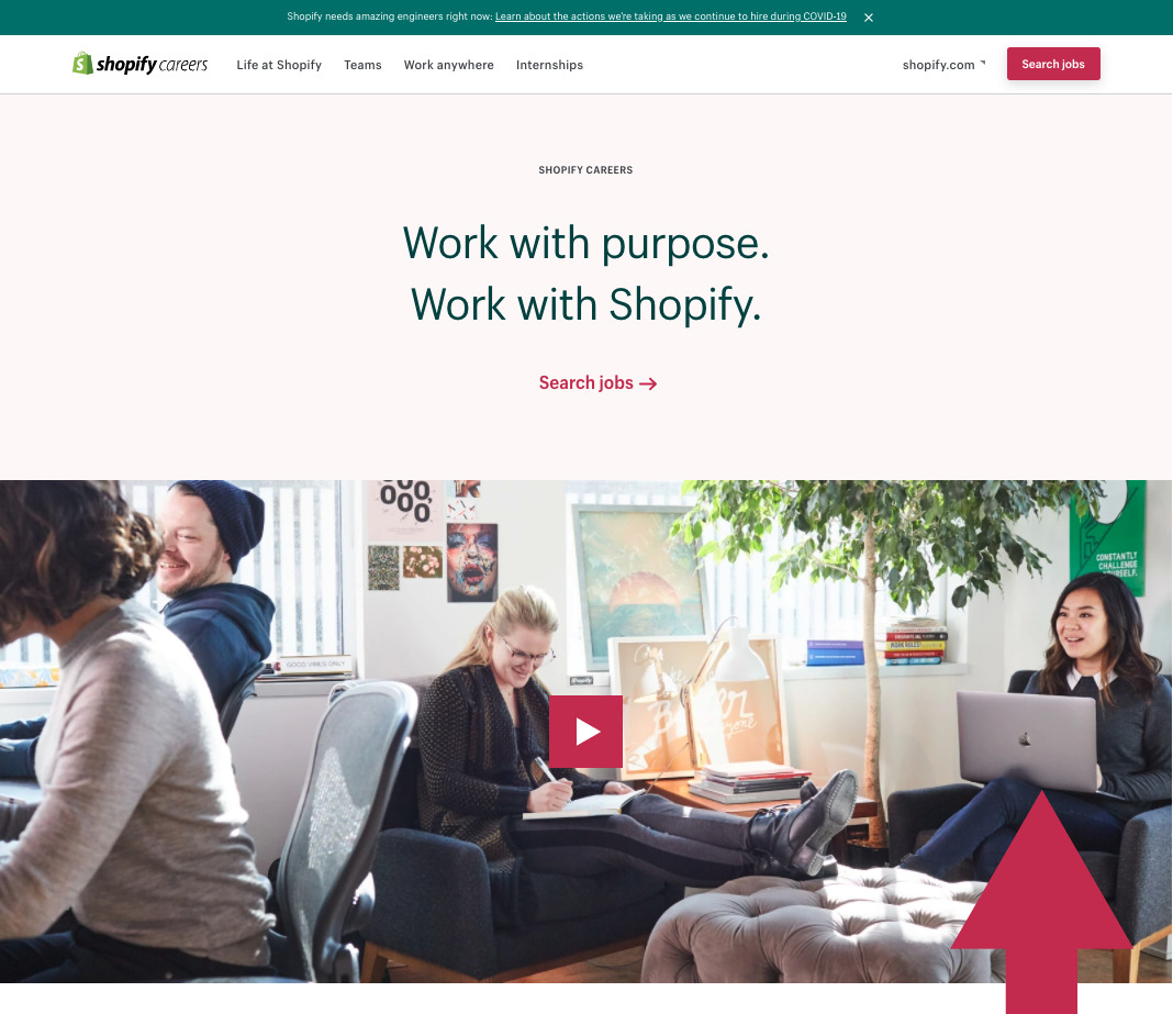 Shopify's career page is a great example of effectively using video on websites