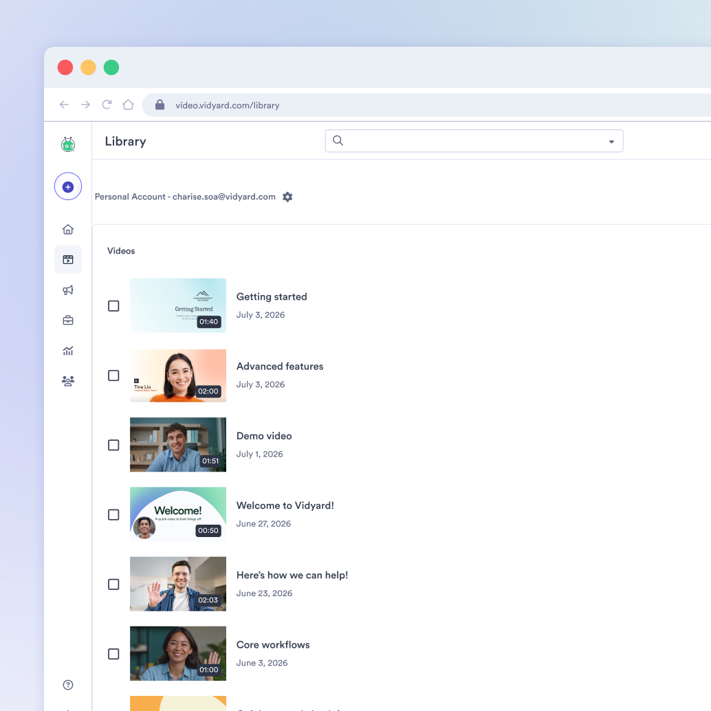 Vidyard video library dashboard showing a list of uploaded videos with thumbnails, titles, and dates.