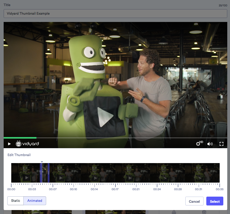 a screenshot showing how to select a video thumbnail from the video in Vidyard