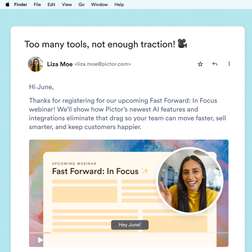 A prospect receives a personalized video email inviting her to a webinar.
