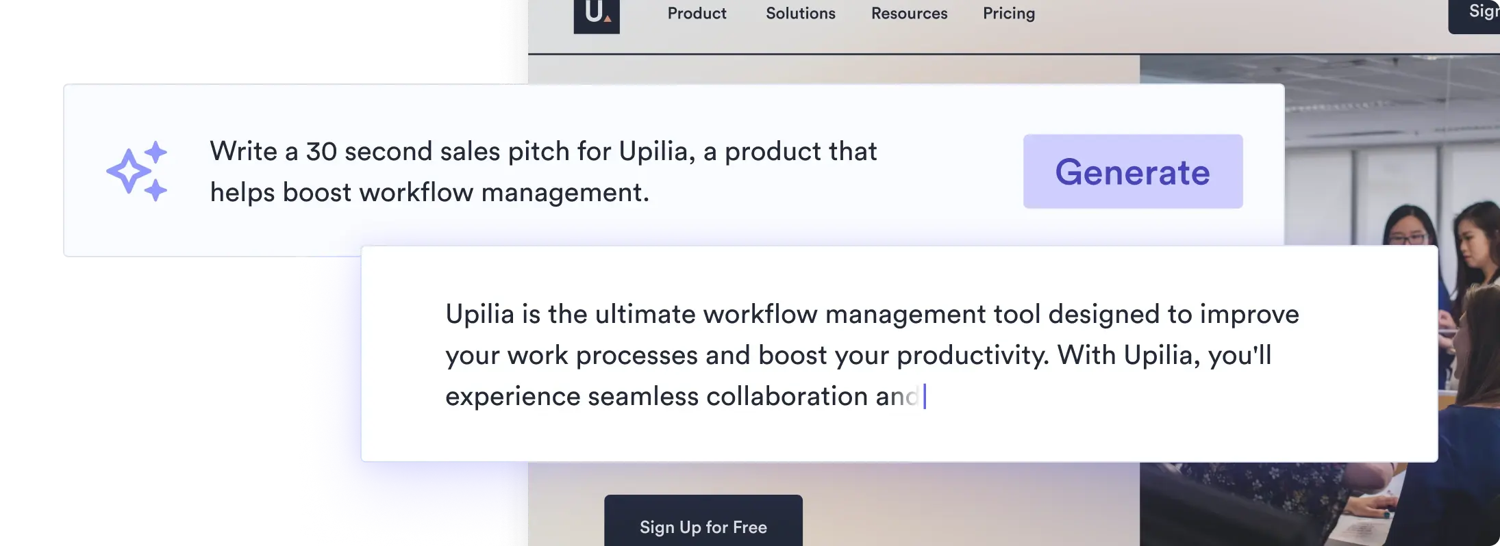 An illustration of an AI pitch generator being told to write a 30-second sales pitch for Upilia, a product that helps boost workflow management. Below the prompt, the AI-created pitch is shown.