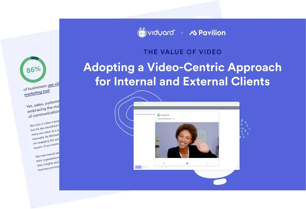 An illustration of the cover of a report, titled “The Value of Video: Adopting a Video-Centric Approach for Internal and External Clients.” The cover illustration includes a screenshot of a video featuring a smiling, waving woman. A page of the report peeks out from behind the cover page, showing text and a chart.